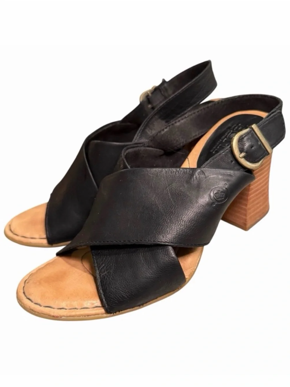Born‎ Black Leather Cross Strap Slingback Block Heel Sandals Women’s 8